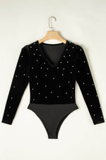 Load image into Gallery viewer, Black Velvet Beaded Long Sleeve V Neck Bodysuit - Fashion Queen - 16