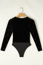 Load image into Gallery viewer, Black Velvet Beaded Long Sleeve V Neck Bodysuit - Fashion Queen - 17