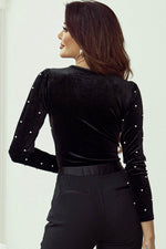 Load image into Gallery viewer, Black Velvet Beaded Long Sleeve V Neck Bodysuit - Fashion Queen - 2