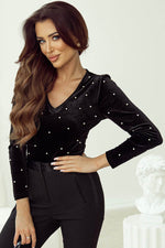 Load image into Gallery viewer, Black Velvet Beaded Long Sleeve V Neck Bodysuit - Fashion Queen - 3
