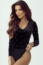 Load image into Gallery viewer, Black Velvet Beaded Long Sleeve V Neck Bodysuit - Fashion Queen - 4