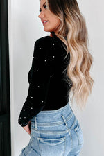 Load image into Gallery viewer, Black Velvet Beaded Long Sleeve V Neck Bodysuit - Fashion Queen - 9