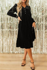 Load image into Gallery viewer, Black Velvet Buttoned Puff Sleeve V Neck Split Midi Dress - Fashion Queen - 11