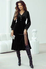 Load image into Gallery viewer, Black Velvet Buttoned Puff Sleeve V Neck Split Midi Dress - Fashion Queen - 12