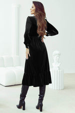 Load image into Gallery viewer, Black Velvet Buttoned Puff Sleeve V Neck Split Midi Dress - Fashion Queen - 13