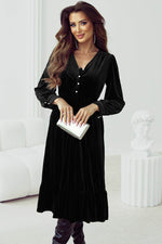 Load image into Gallery viewer, Black Velvet Buttoned Puff Sleeve V Neck Split Midi Dress - Fashion Queen - 16