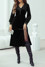Load image into Gallery viewer, Black Velvet Buttoned Puff Sleeve V Neck Split Midi Dress - Fashion Queen - 17