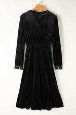 Load image into Gallery viewer, Black Velvet Buttoned Puff Sleeve V Neck Split Midi Dress - Fashion Queen - 19