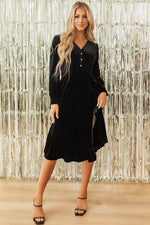 Load image into Gallery viewer, Black Velvet Buttoned Puff Sleeve V Neck Split Midi Dress - Fashion Queen - 3