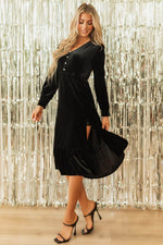 Load image into Gallery viewer, Black Velvet Buttoned Puff Sleeve V Neck Split Midi Dress - Fashion Queen - 9