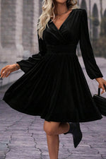 Load image into Gallery viewer, Black Velvet Long Sleeve Surplice High Waist Mini Dress - Fashion Queen - 1