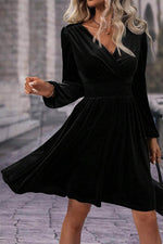 Load image into Gallery viewer, Black Velvet Long Sleeve Surplice High Waist Mini Dress - Fashion Queen - 3