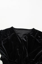 Load image into Gallery viewer, Black Velvet Long Sleeve Surplice High Waist Mini Dress - Fashion Queen - 9