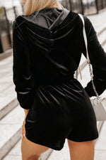 Load image into Gallery viewer, Black Velvet Zipped Front Drawstring Waist Hooded Romper - Fashion Queen - 2