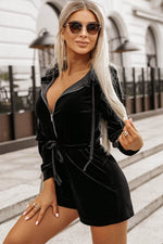 Load image into Gallery viewer, Black Velvet Zipped Front Drawstring Waist Hooded Romper - Fashion Queen - 3