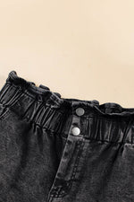 Load image into Gallery viewer, Black Vintage Washed Frilled High Waist Denim Shorts - Fashion Queen - 11
