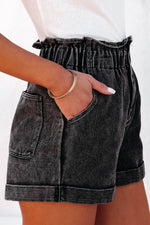 Load image into Gallery viewer, Black Vintage Washed Frilled High Waist Denim Shorts - Fashion Queen - 3