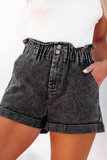 Load image into Gallery viewer, Black Vintage Washed Frilled High Waist Denim Shorts - Fashion Queen - 4