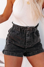 Load image into Gallery viewer, Black Vintage Washed Frilled High Waist Denim Shorts - Fashion Queen - 5