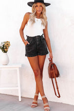 Load image into Gallery viewer, Black Vintage Washed Frilled High Waist Denim Shorts - Fashion Queen - 8