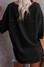 Load image into Gallery viewer, Black Waffle Knit Drop Shoulder Loose Top - Fashion Queen - 11