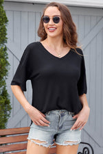 Load image into Gallery viewer, Black Waffle Knit Drop Shoulder Loose Top - Fashion Queen - 7