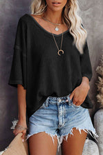 Load image into Gallery viewer, Black Waffle Knit Drop Shoulder Loose Top - Fashion Queen - 9