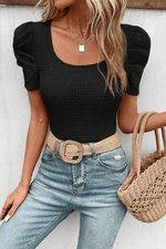 Load image into Gallery viewer, Black Waffle Knit Ruched Puff Sleeve Top - Fashion Queen - 1