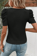 Load image into Gallery viewer, Black Waffle Knit Ruched Puff Sleeve Top - Fashion Queen - 2