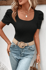 Load image into Gallery viewer, Black Waffle Knit Ruched Puff Sleeve Top - Fashion Queen - 3