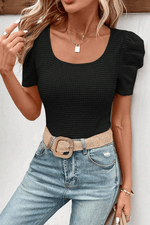 Load image into Gallery viewer, Black Waffle Knit Ruched Puff Sleeve Top - Fashion Queen - 4