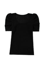 Load image into Gallery viewer, Black Waffle Knit Ruched Puff Sleeve Top - Fashion Queen - 5