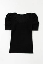 Load image into Gallery viewer, Black Waffle Knit Ruched Puff Sleeve Top - Fashion Queen - 6