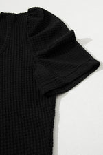 Load image into Gallery viewer, Black Waffle Knit Ruched Puff Sleeve Top - Fashion Queen - 8