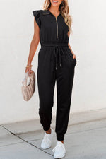 Load image into Gallery viewer, Black Zipper Flutter Sleeve Drawstring High Waist Jumpsuit - Fashion Queen - 1