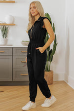 Load image into Gallery viewer, Black Zipper Flutter Sleeve Drawstring High Waist Jumpsuit - Fashion Queen - 11