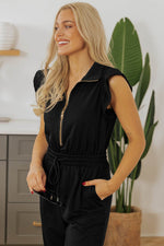 Load image into Gallery viewer, Black Zipper Flutter Sleeve Drawstring High Waist Jumpsuit - Fashion Queen - 12
