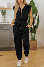 Load image into Gallery viewer, Black Zipper Flutter Sleeve Drawstring High Waist Jumpsuit - Fashion Queen - 14