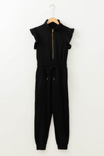 Load image into Gallery viewer, Black Zipper Flutter Sleeve Drawstring High Waist Jumpsuit - Fashion Queen - 15
