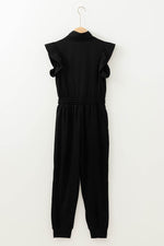 Load image into Gallery viewer, Black Zipper Flutter Sleeve Drawstring High Waist Jumpsuit - Fashion Queen - 16