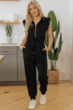 Load image into Gallery viewer, Black Zipper Flutter Sleeve Drawstring High Waist Jumpsuit - Fashion Queen - 4