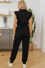 Load image into Gallery viewer, Black Zipper Flutter Sleeve Drawstring High Waist Jumpsuit - Fashion Queen - 5