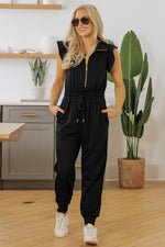 Load image into Gallery viewer, Black Zipper Flutter Sleeve Drawstring High Waist Jumpsuit - Fashion Queen - 7