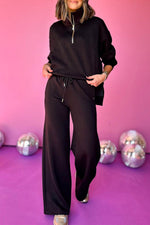 Load image into Gallery viewer, Black Zipper Stand Neck Top and Wide Leg Pants Set - Fashion Queen - 1