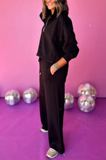 Load image into Gallery viewer, Black Zipper Stand Neck Top and Wide Leg Pants Set - Fashion Queen - 3
