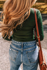 Load image into Gallery viewer, Blackish Green Solid Color Square Neck Long Sleeve Slim Fit Bodysuit - Fashion Queen - 2