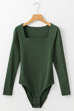 Load image into Gallery viewer, Blackish Green Solid Color Square Neck Long Sleeve Slim Fit Bodysuit - Fashion Queen - 6