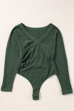 Load image into Gallery viewer, Blackish Green Waffle Knit Slim Fit Wrap V Neck Bodysuit - Fashion Queen - 3