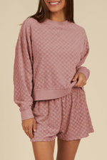 Load image into Gallery viewer, Blossom Checkered Textured Long Sleeve Top and Shorts Set - Fashion Queen - 1