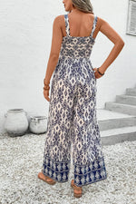 Load image into Gallery viewer, Blue Boho Geometric Print Shirred High Waist Wide Leg Jumpsuit - Fashion Queen - 2